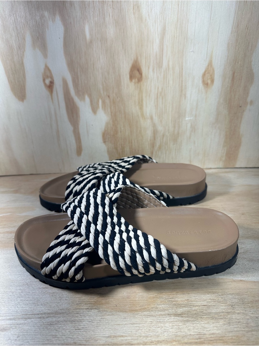 Salt & Umber Braided Rope Slide Sandals in Black & Cream Women’s Size 8